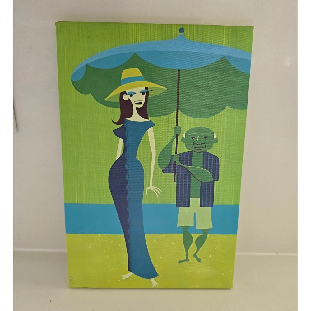Mid-Century Modern Shag Style Beach  Canvas Wall Art Retro Green Blue 7.75x11.75
